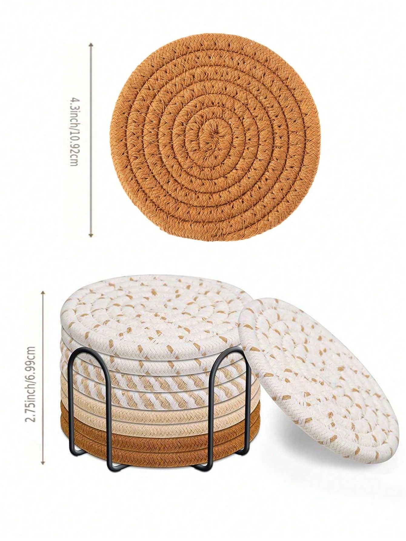 8pcs handmade cotton rope coaster beverage coaster with bracket set, minimalist handmade cotton woven coaster, woven coaster