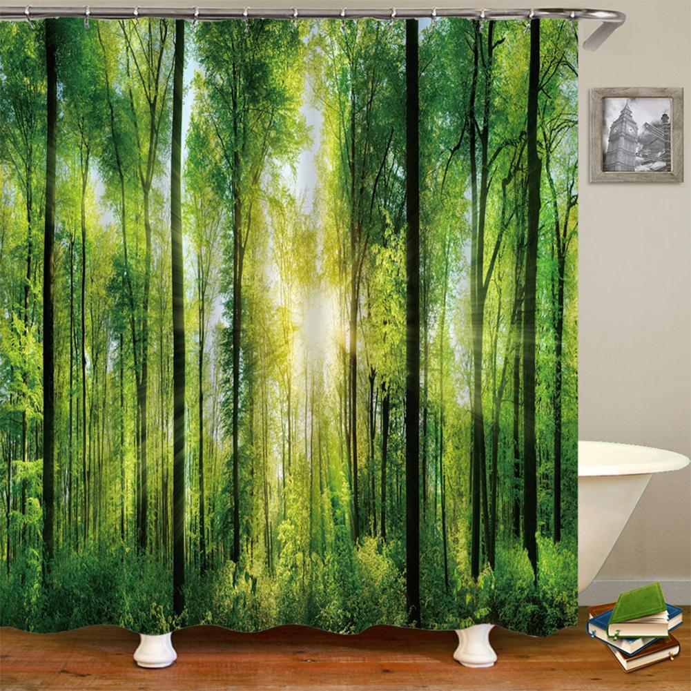 Green Forest Shower Curtain with Hooks 3D Scenery Shower Curtain Waterproof Garden Shower Curtain for Bathroom