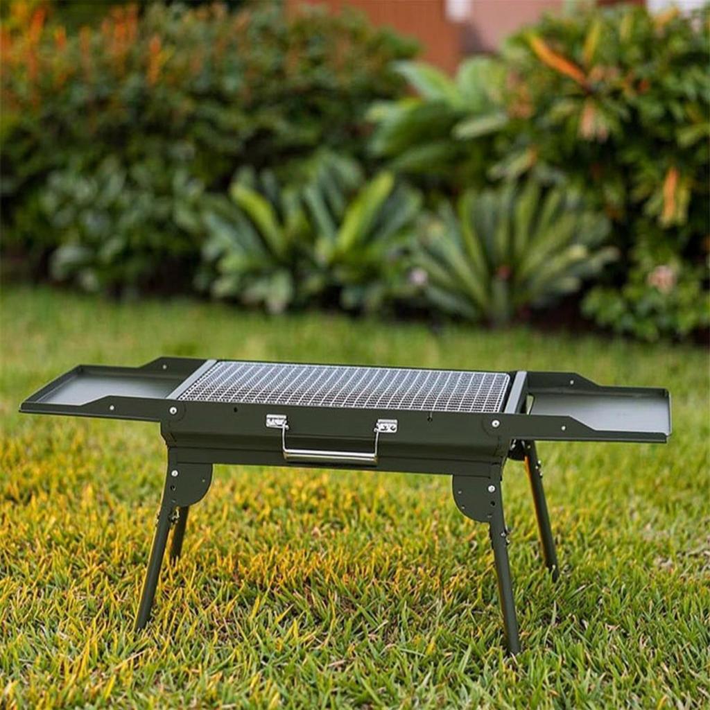Foldable Portable Briquette Grill Metal with Side Tables Easy Setup