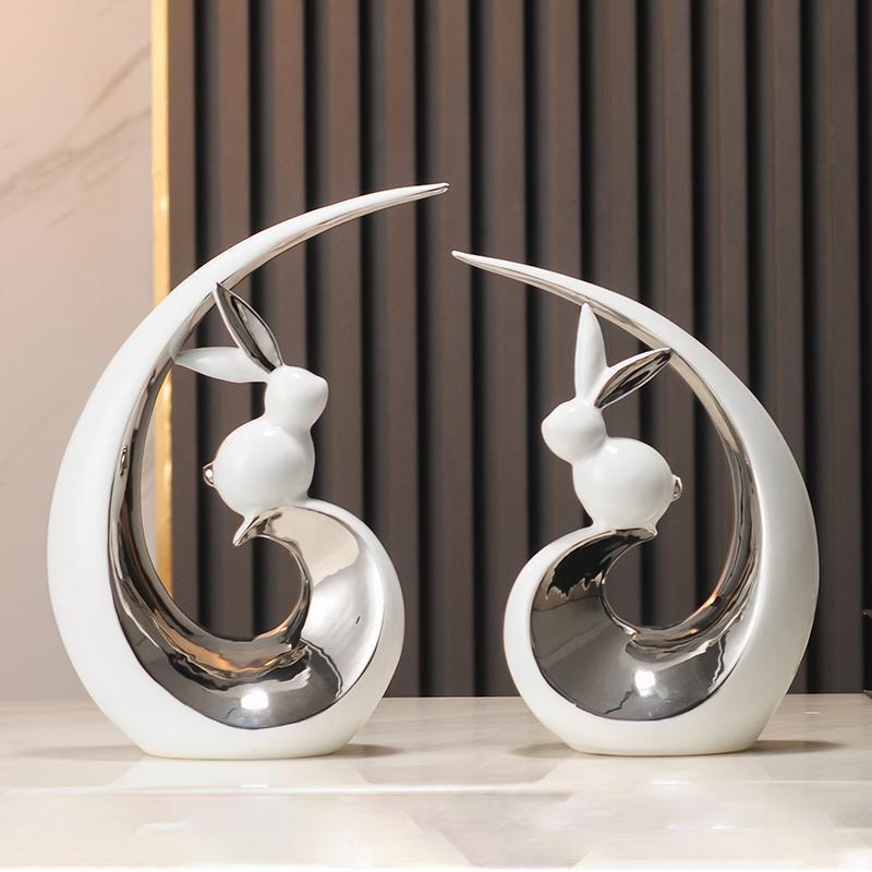Modern Creative Rabbit Ceramic Ornaments Office Cafe Table Sculpture Gift Crafts Home Living Room Bookshelf Desk Figurines Decor