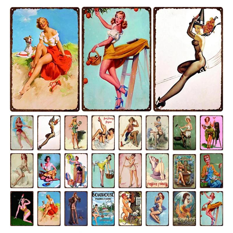 Iron Painting Elegant Pin Up Girl Retro Posters Tin Sign Metal Sign Decor Wall Women Portrait Bar Pub Club Man Cave Pictures