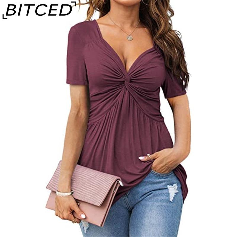 BITCED Women's V-Neck Front-Twist Short-Sleeved Elegant Casual T-Shirt Solid-Colour Pullover Top