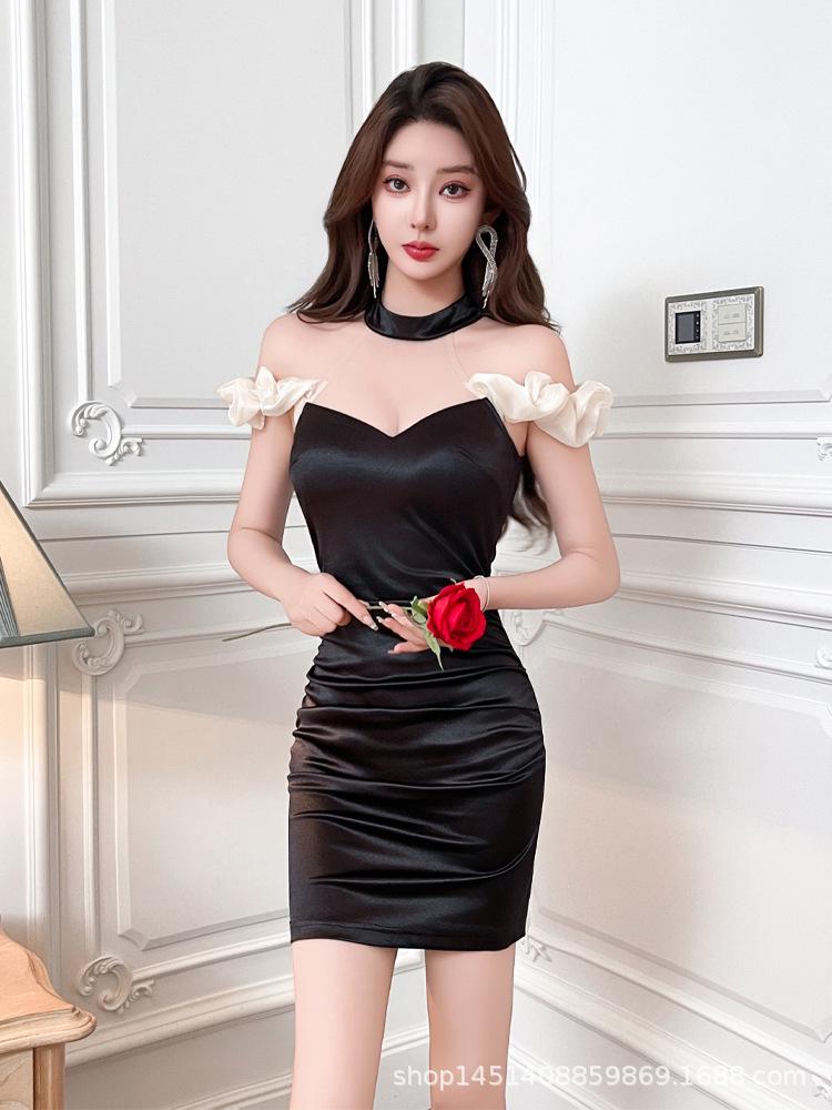 Hepburn-Style Elegant Black Halter Mini Dress for Weddings & Banquets S чёрный