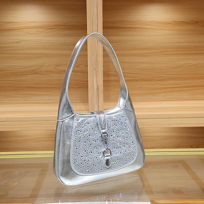 

High-End Rhinestone French Baguette Shoulder Bag for Women - 2025 New Fashion Commuter Style серебряный