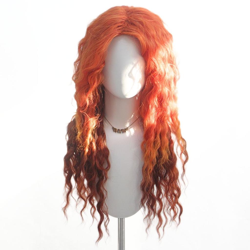 Elegant Long Orange Water Wave Wig with Center Part Bangs High Temperature Fiber Synthetic Wigs for Women Cosplay Costume Gifts