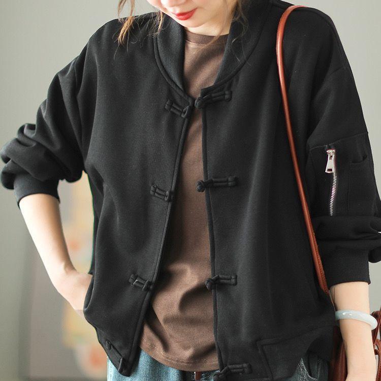 Freizeitjacke im chinesischen Stil mit Retro-Schnalle für Damen, künstlerischer Kurzstil, locker übergroß, Baseballjacke, Strickjacke