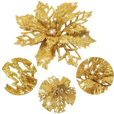 5Pcs Gold Christmas Sparkling Flowers Heads For Xmas Tree Hanging Ornament Home Room Decor Party DIY Wreath New Year 2025 Gifts