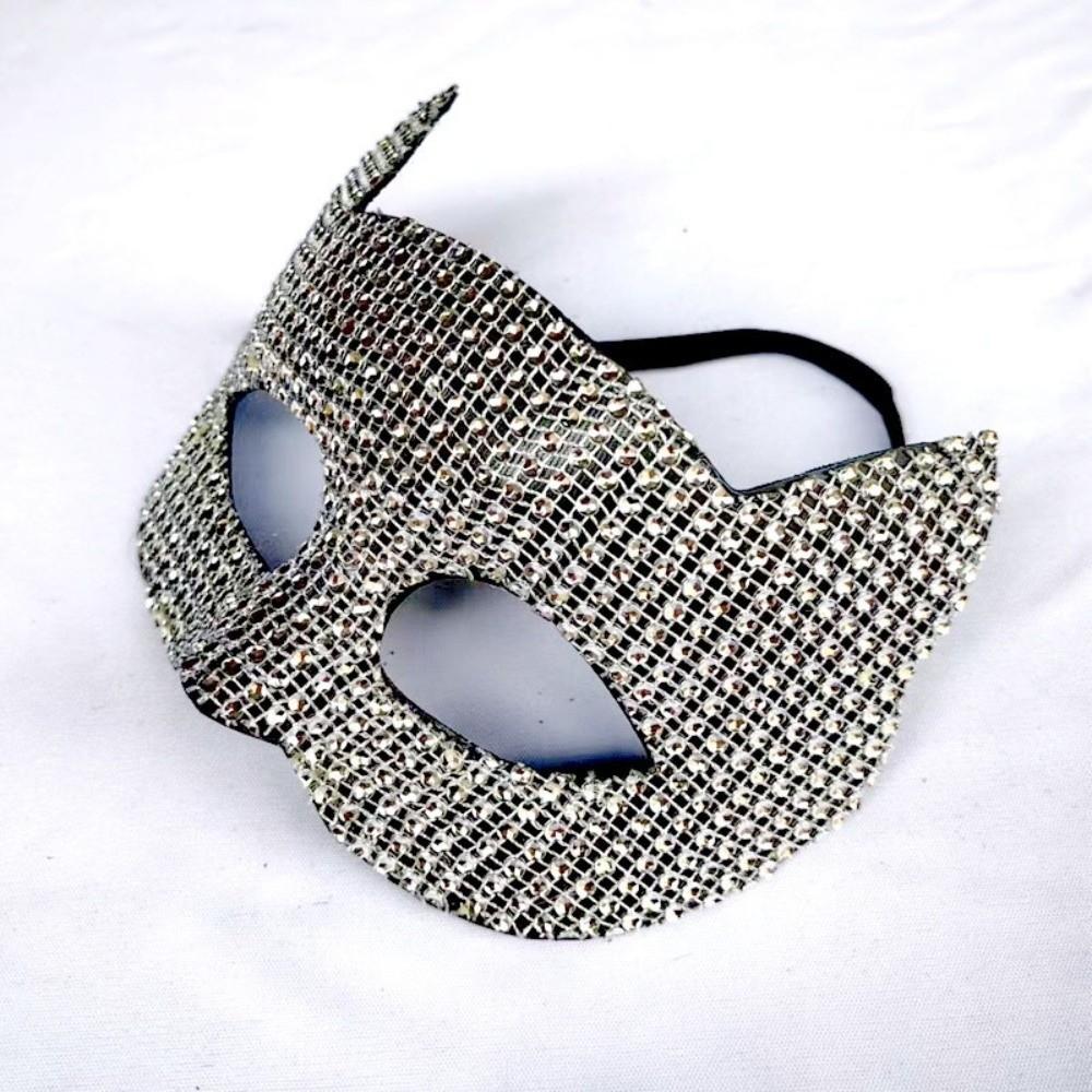 Chic Plastic Halloween Mask Sparkly Shiny Cat Ear Half Face Mask Lightweight Rhinestone Masquerade Eye Mask Carnival