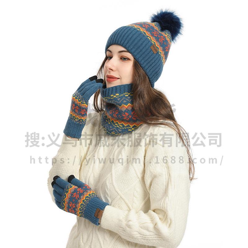 

Winter new thickened warm women s snowflake hat gloves scarf three-piece set білий