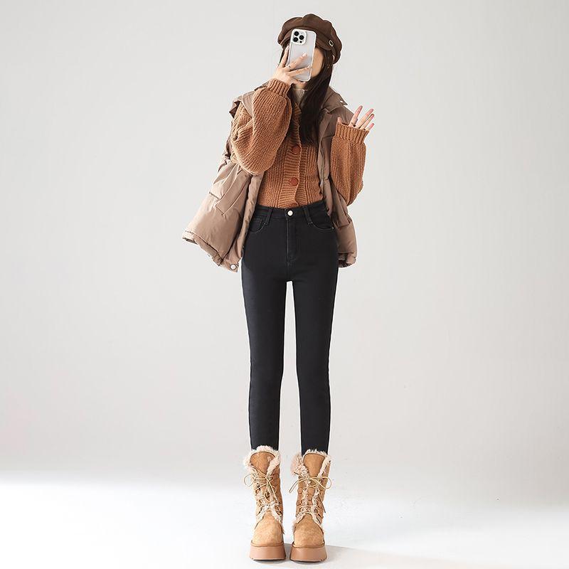 Winter Fleece Lined Warm Stretch High Waist Slim Skinny Denim Pants For Ladies Casual Pants Oversize Denim Trousers