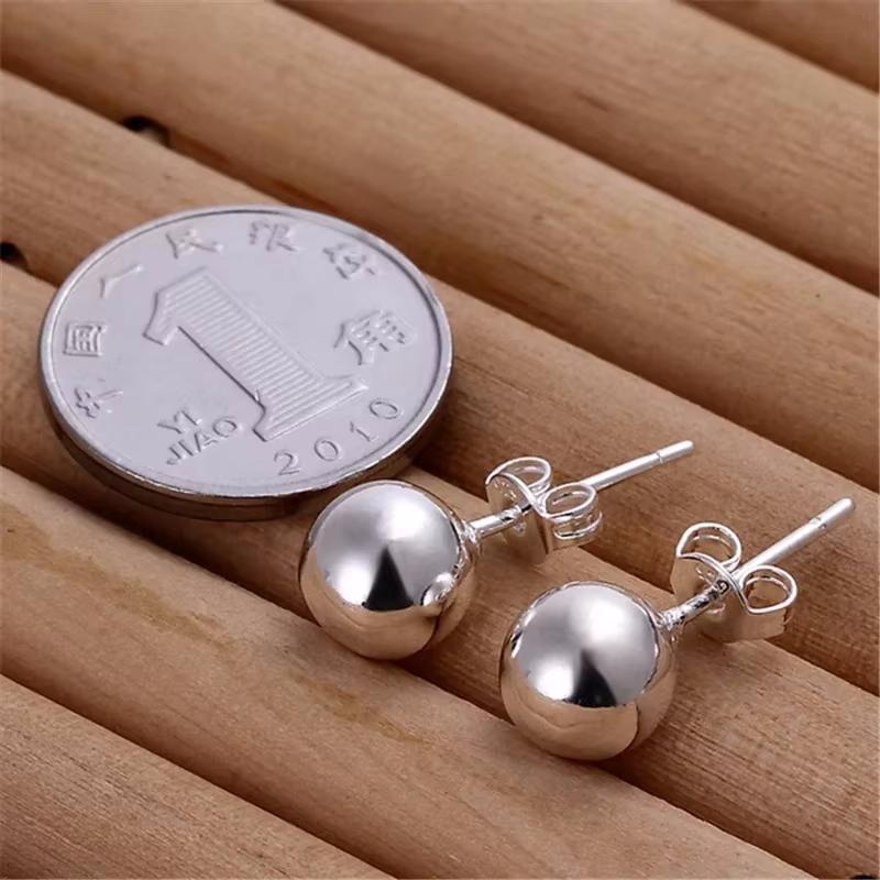 925 Silver 8/10mm Round Smooth Solid Bead Ball Stud Earrings For Women Wedding Engagement Party Jewelry