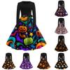 Women's Casual Long Sleeve Halloween Dress Fit and Flare Round Neck Dress with Printed Skirt and Waist Tie for Fall and Party