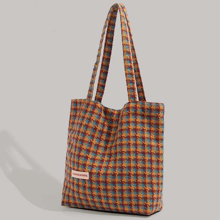 Autumn Winter New Melad Retro Houndstooth Woolen Bag Large Capacity Commuter Shoulder Handbag Tote Bag for Women