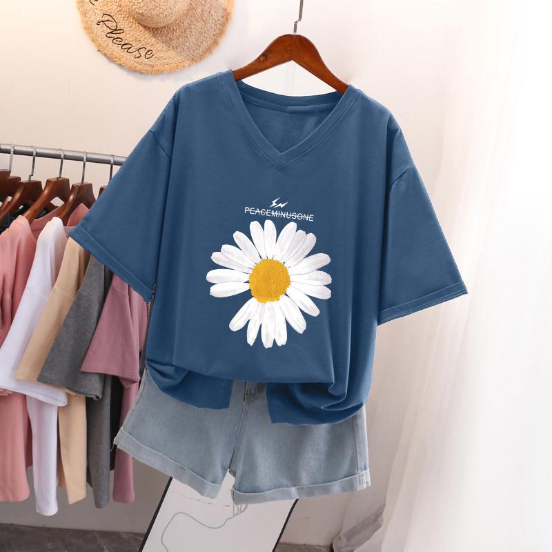 Short-sleeved T-shirt for Women, Large Size, Loose and Slimming, Printed V-neck Top