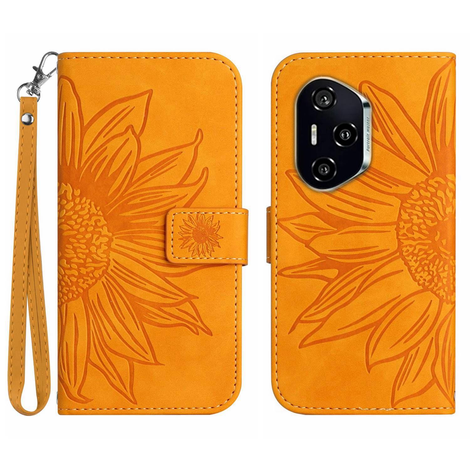 

Для Honor 400 Pro 5G (Глобальный) Чехол Кожаный кошелек с подсолнухом и ремешком на запястье Yellow
