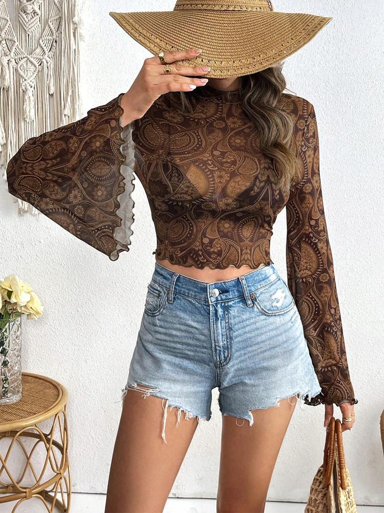 New Arrival Women's Casual Holiday Chiffon Shirt with Round Neck and Bell Sleeves
