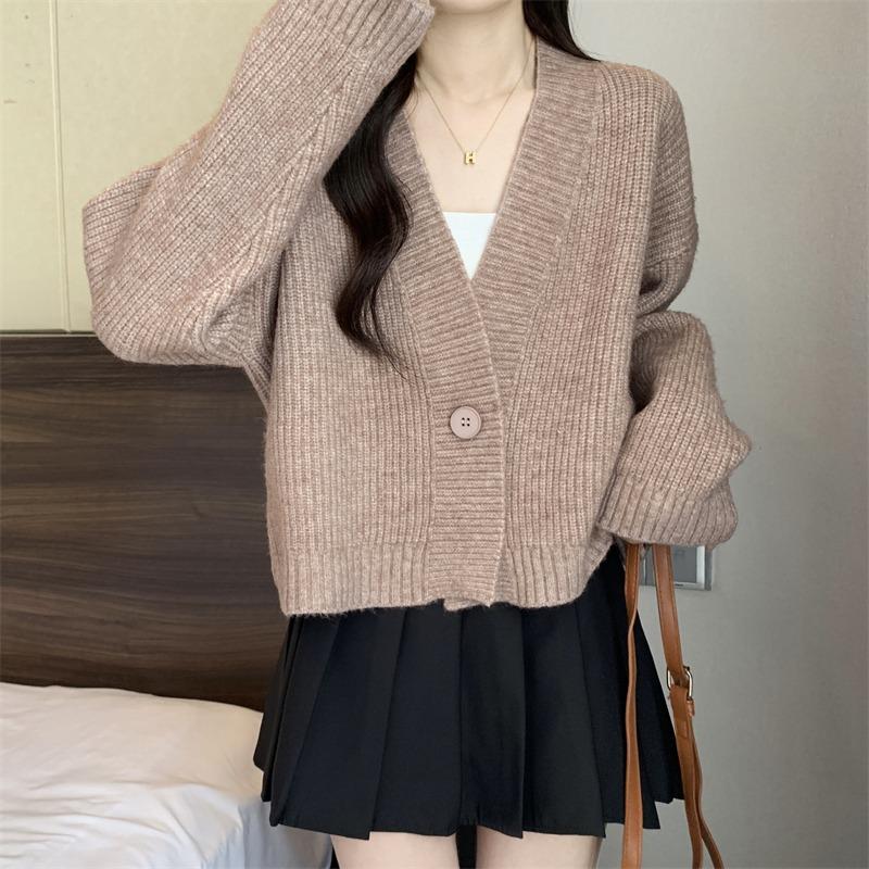 V-neck Fashion Women One Button Cardigan Short Sweater Autumn /Winter Long Sleeve Knitted Jackets Solid Color Elegant Loose Office Basic Casual Coats