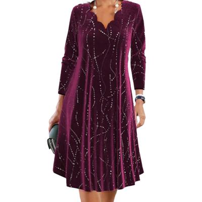 Abito da donna con scollo a V, maniche lunghe, a trapezio, morbido pullover con paillettes e orlo a fiori