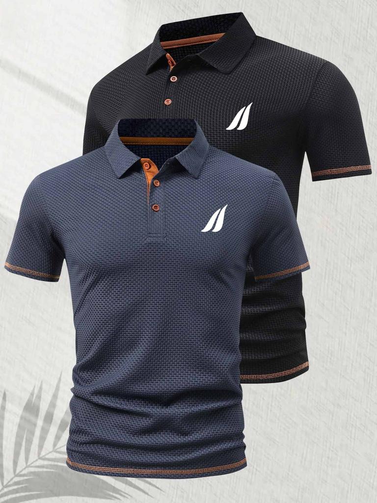 2 Pcs Men's Polo Shirts - Short Sleeve Casual Polo T Shirt Color Block & Stand Collar Slim Fit Golf Shirts
