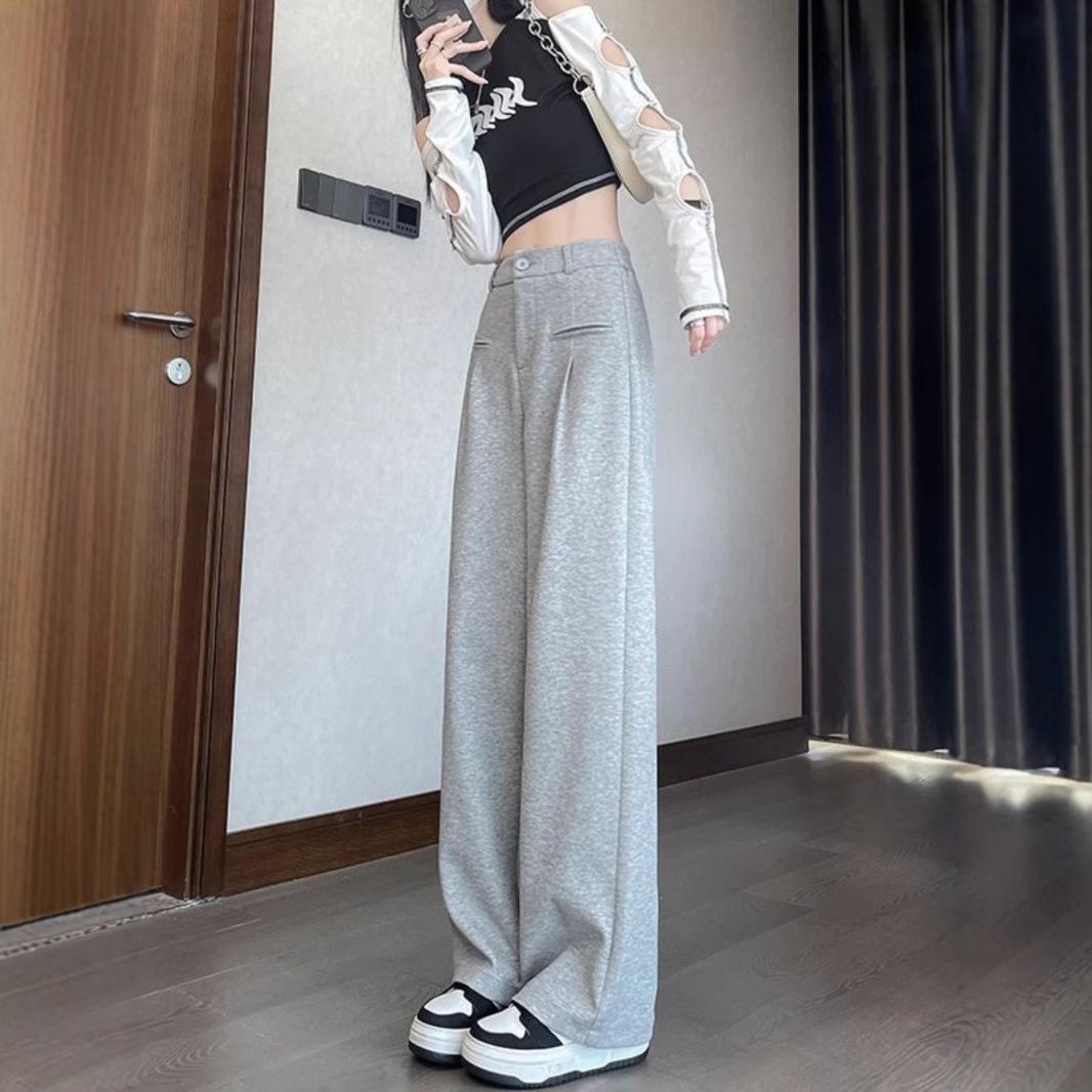

High-Waisted Gray Wide-Leg Pants: Women s Slimming, Draping, Straight-Leg, Petite Casual Wear for Spring/Autumn. XS (60-79 jin)