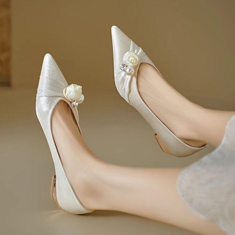 French Pearl Flower Satin Chunky Heel Bridal and Bridesmaid Shoes