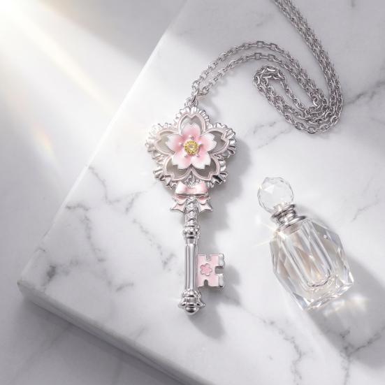 Cherry Blossom Key Necklace Pendant Pink Enamel Alloy Choker Romantic Jewelry Gift for Women Girlfriend Mom