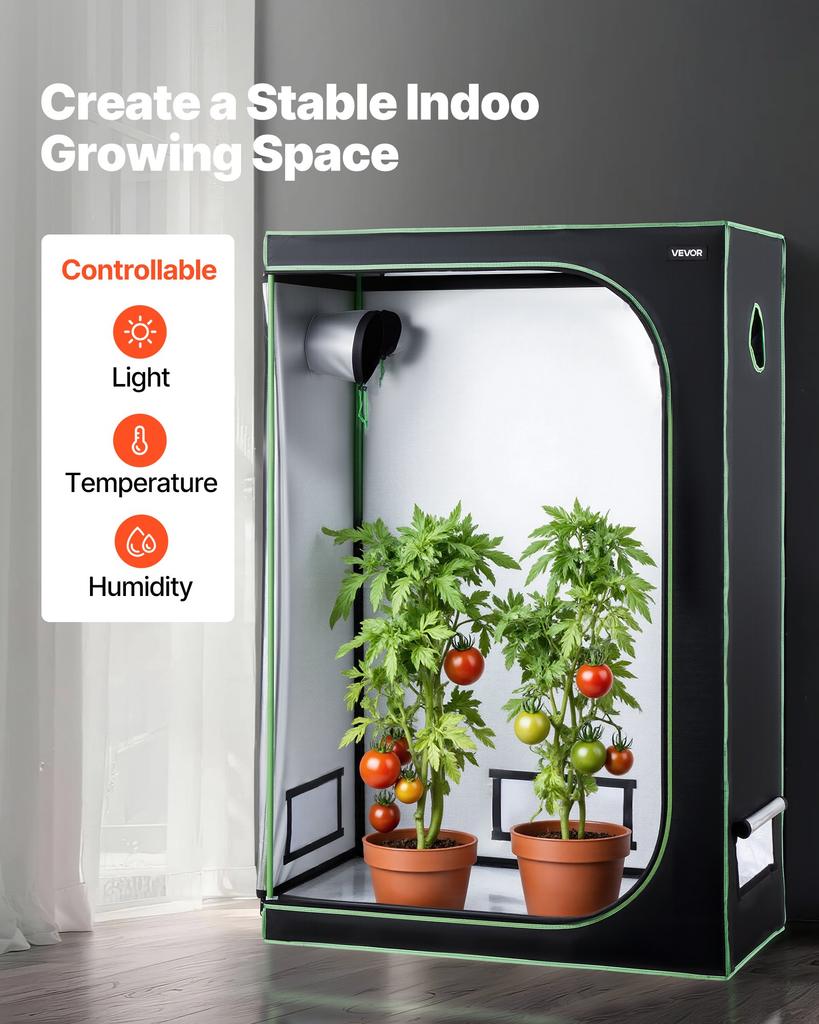 VEVOR Indoor Grow Tent, 120 x 60 x 180 cm, 600D High Reflective Mylar, Indoor Plant Tent with Observation Window, Floor Tray & Zipper