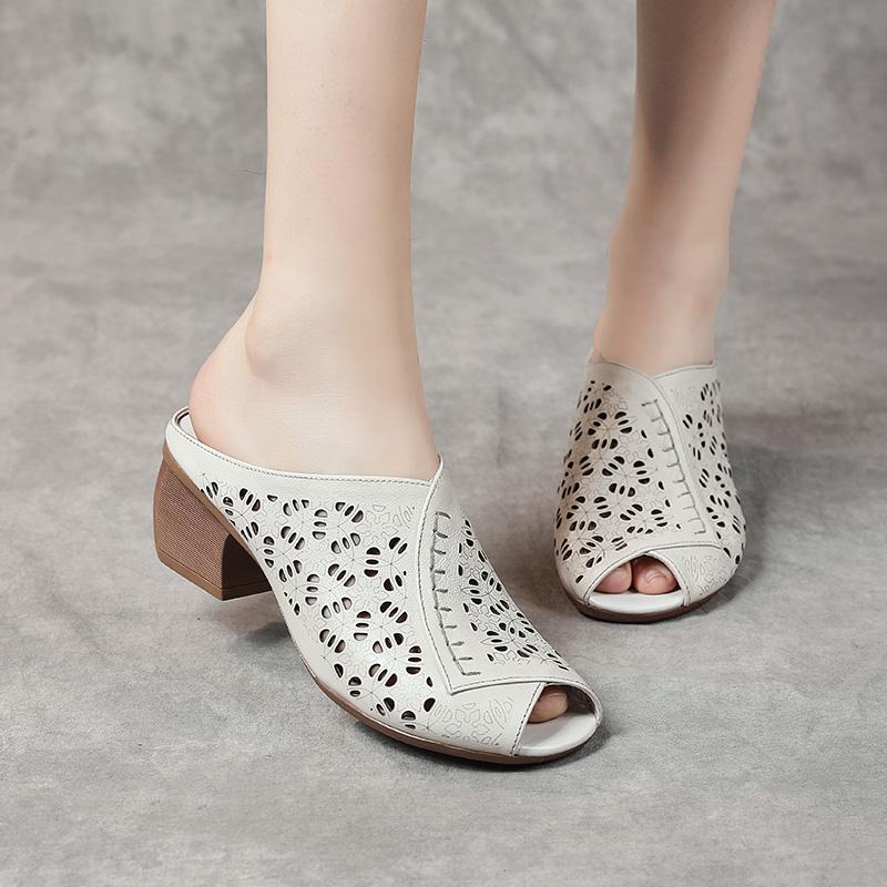 Modne GKTINOO 2025 Letnie Przewiewne Klapki z Wycięciami Prawdziwa Skóra Grube Obcasy Damskie Buty Retro Z Odkrytymi Palcami Klapki