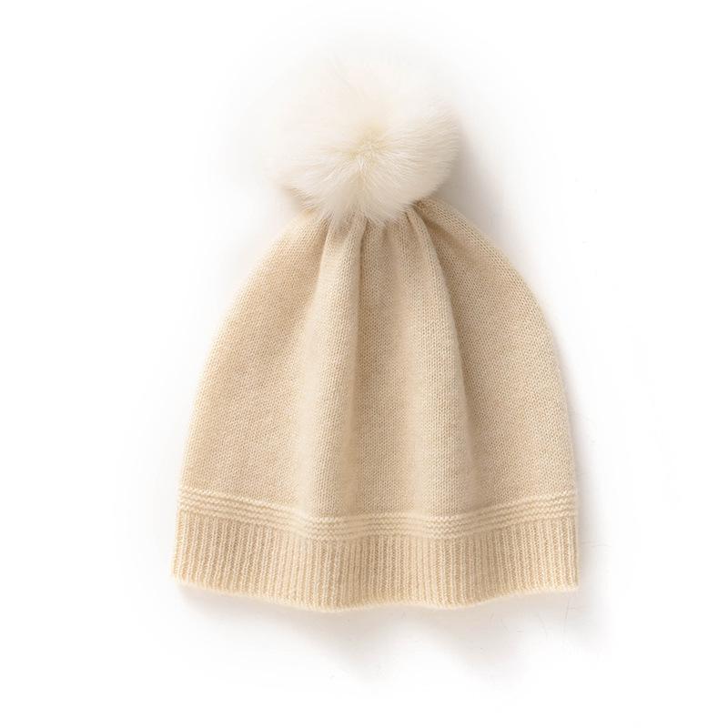 Women's Winter Cashmere Hat with Fox Fur Pom-Pom, Knitted Wool Ear Protection, Slimming and Warm Postpartum Design
