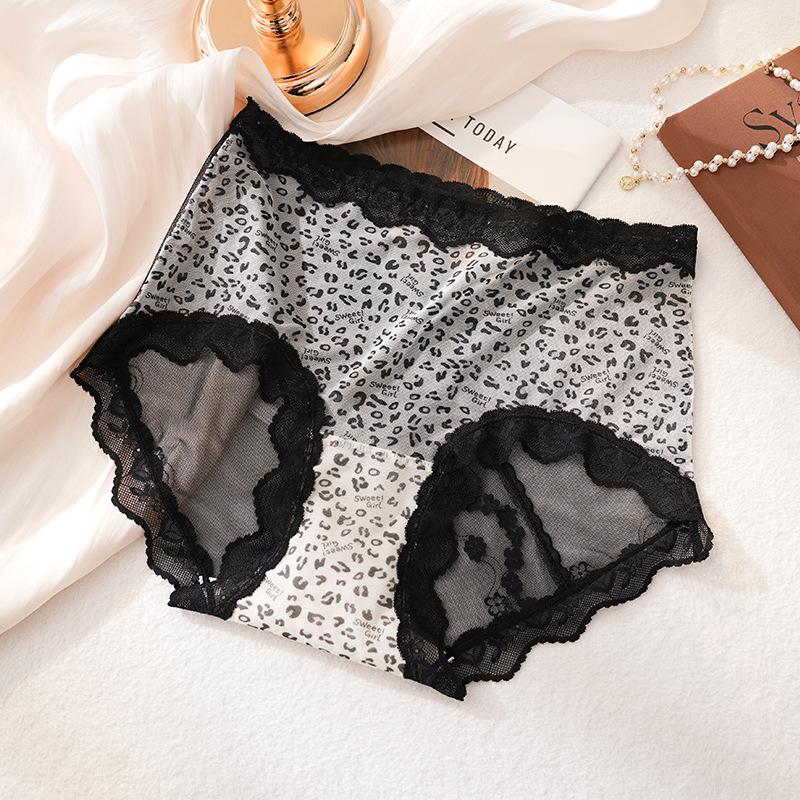 Große Größe Damen Frühling und Sommer Sexy Spitze Leopardenmuster Durchbrochenes Netzgarn 10a Antibakteriell Verlängerter Zwickel Dreieck Slip