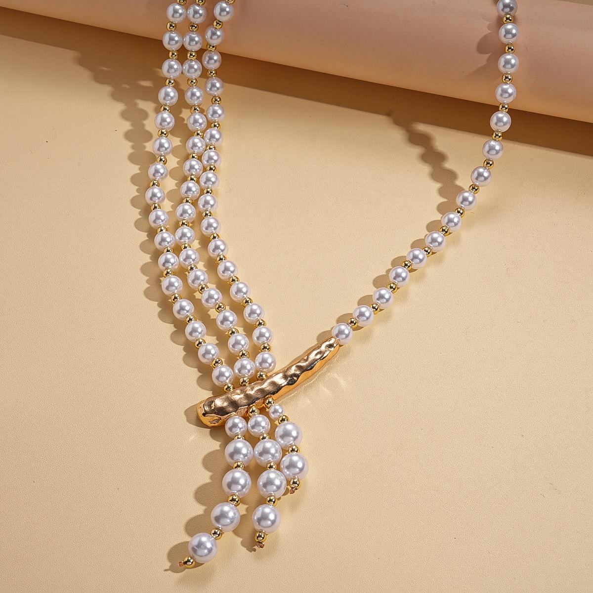 Vintage imitation pearl beaded geometric multi-layer sweater chain elegant niche necklace