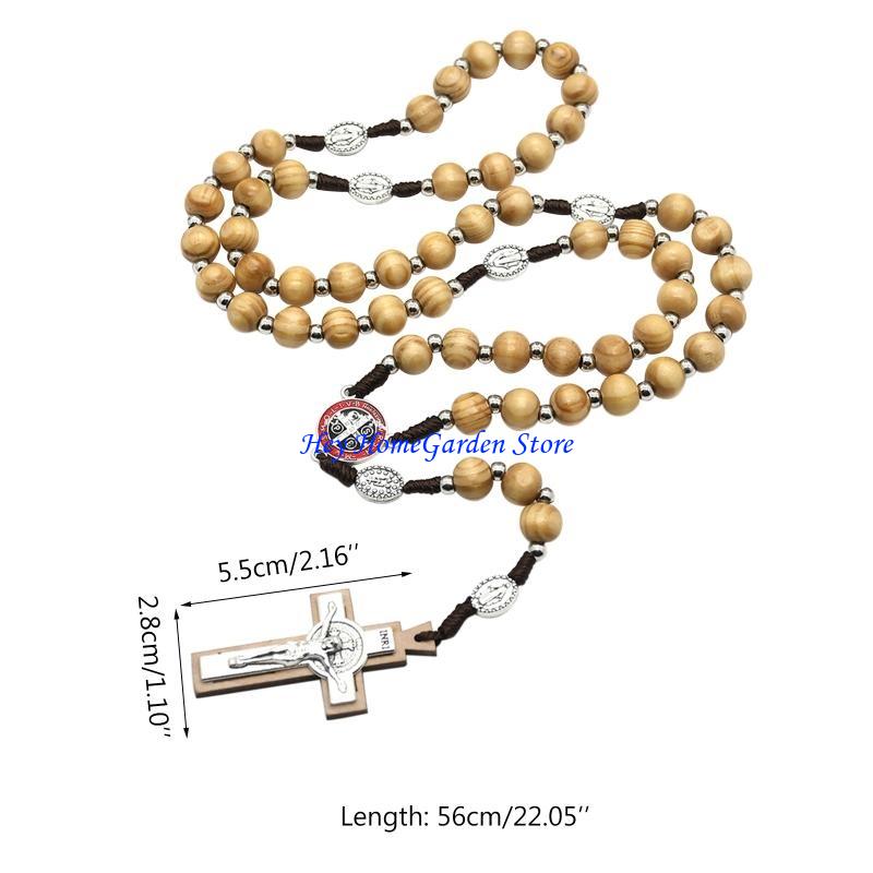 652F Wooden for Cross Rosary Necklaces Bead Hanging Christian Pendant for Women Men Religious Praying Jewelry Gift