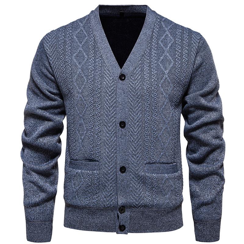 Men's Jacquard Button Cardigan Knitted Sweater Jacket Warm Plus Velvet Sweater Men