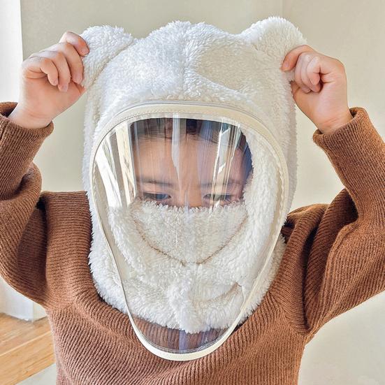 Children Hat with Soft Bear Ears Anti-Fog Lenses Fluffy Plush Windproof Detachable Lenses Cold-resistant Winter Hat