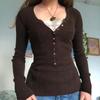 T-shirt Sexy a Maniche Lunghe con Bottoni a Contrasto e Scollo a V Blusa da Donna Maglia di Base Primavera e Autunno