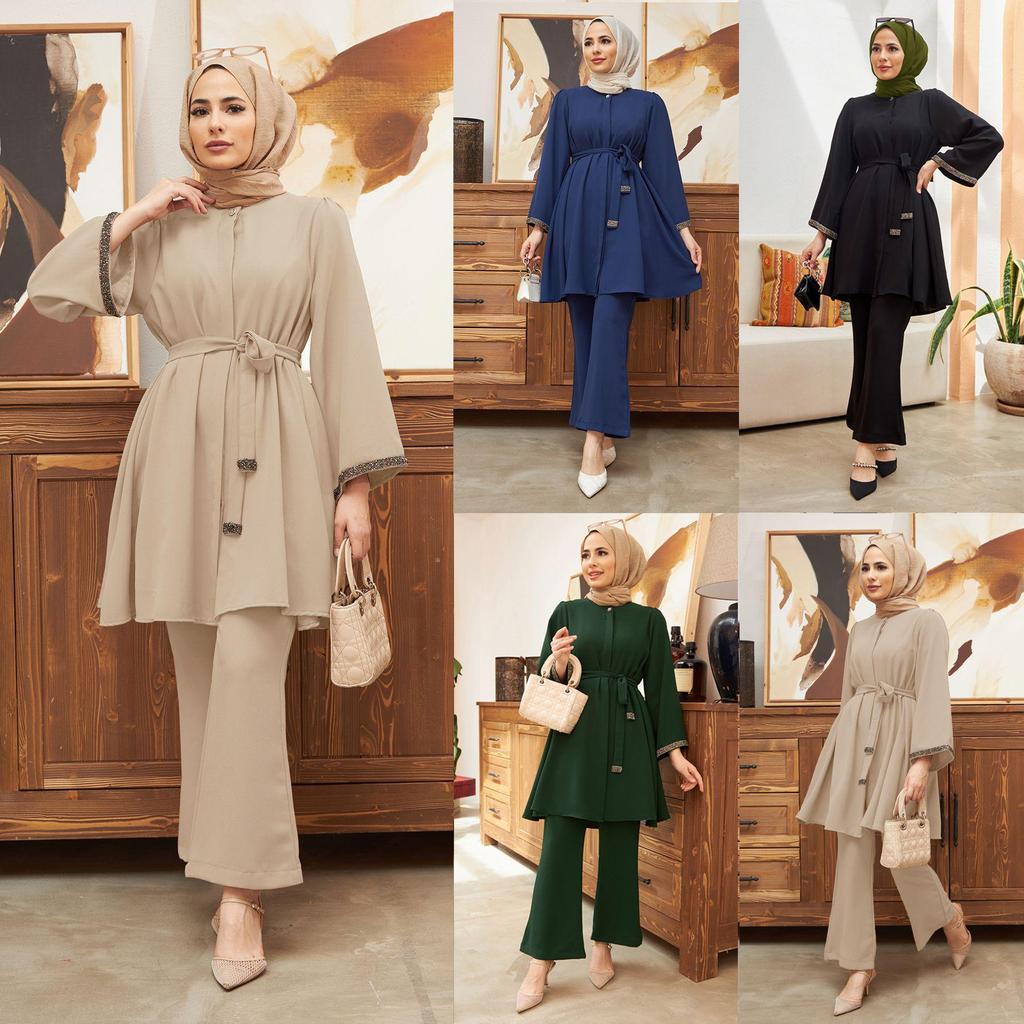 Muslim Women's Fashion 2-Piece Set: Hot Drilling Loose Top & Flared Pants