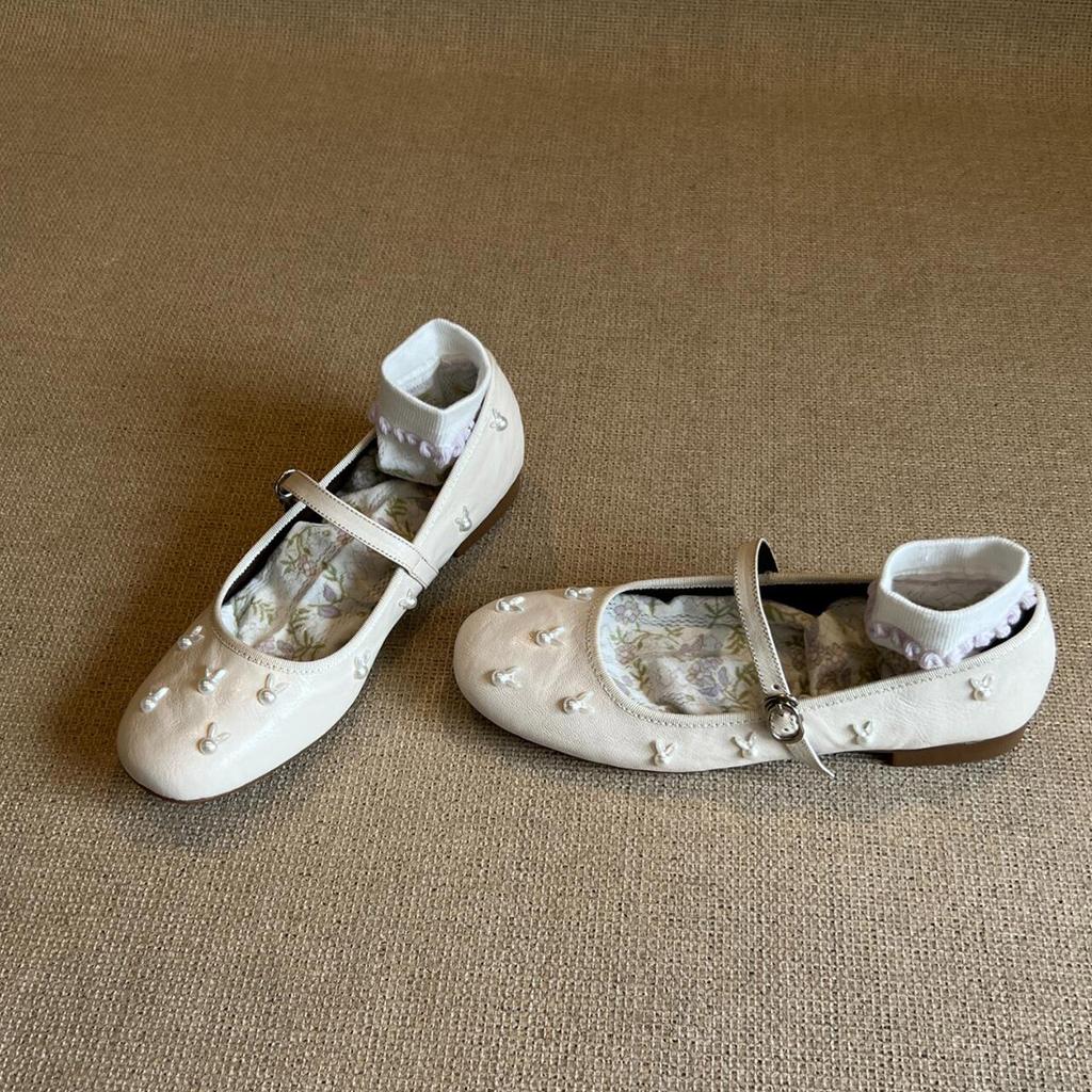 Sheepskin Version~ French Evening Breeze Pearl Rabbit with Mary Jane Shoes Women's Retro Shallow Mouth Leather Flat-soled Shoes