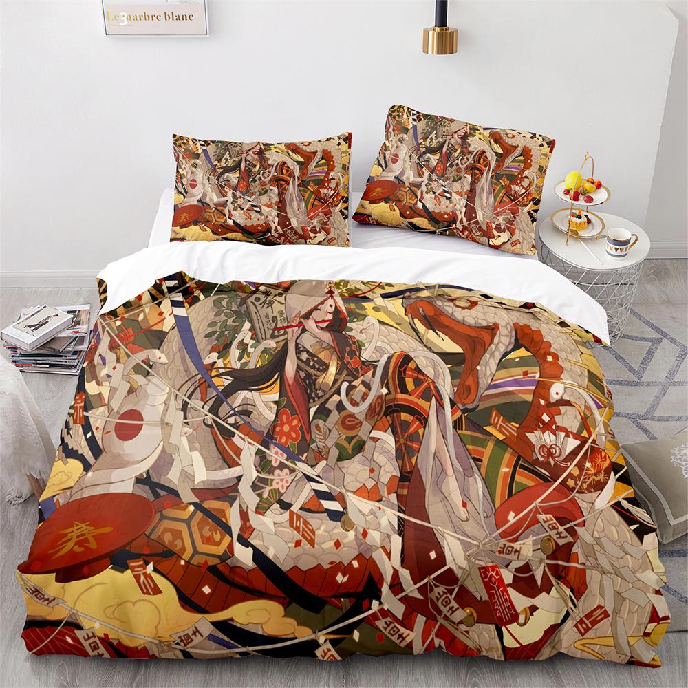 Japanese-Style Bedding Set Ukiyo-e Theme Comforter Cover Sea Wave Red Sun Pattern Decor Duvet Cover For Kids Teen King Full Size