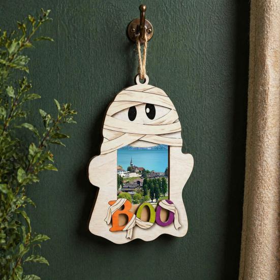 Halloween Keepsake Frame Cute Ghost Wooden Photo with Hanging Rope, Creative Family Display Picture for Holiday Party Decor And Home Wall Decoration