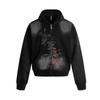 Mens Oversized Hooded Zip-Up Sweatshirt With Abstract Print Vintage Americana Streetwear Washed Cotton Blend Loose Fit