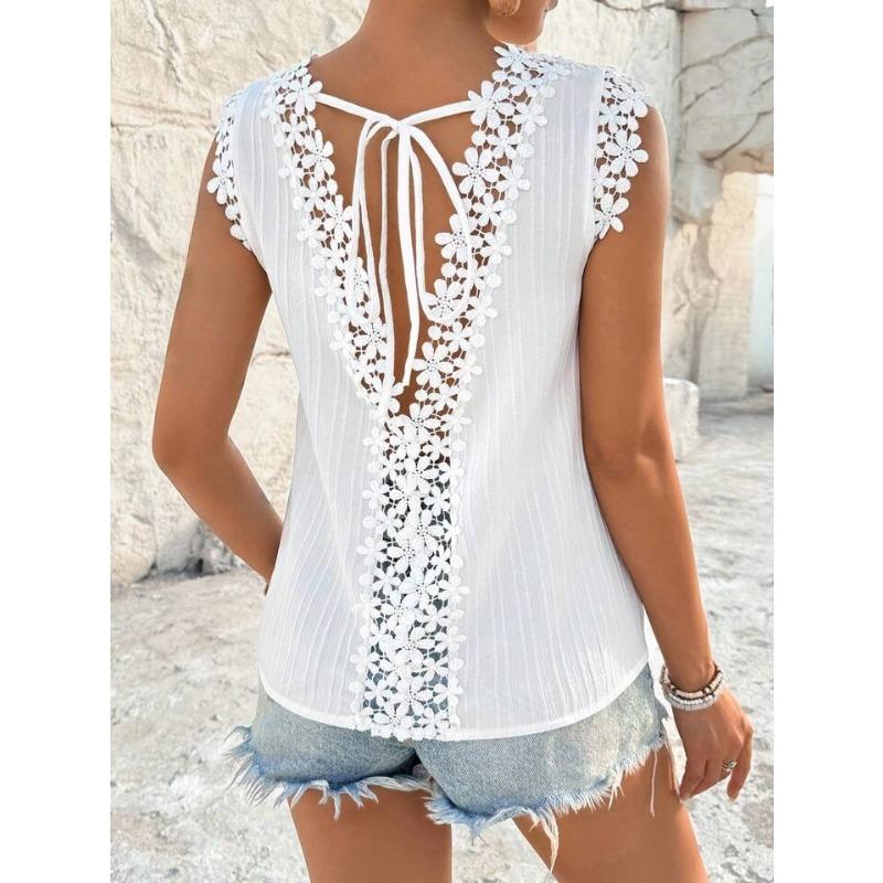 V-hals Rugloze Patchwork Uitgesneden Kant Blouse Zomer Nieuwe Kraag Vest Top voor Dames Losse Mouwloze Shirts Zoet Effen Kleur Casual Losse Kleding