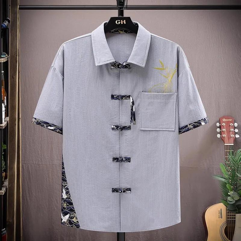 Chinese Style National Style Shirt Men's Summer Ice Silk Short-sleeved Shirt Design Sense National Tide Plate Buckle Casual Top