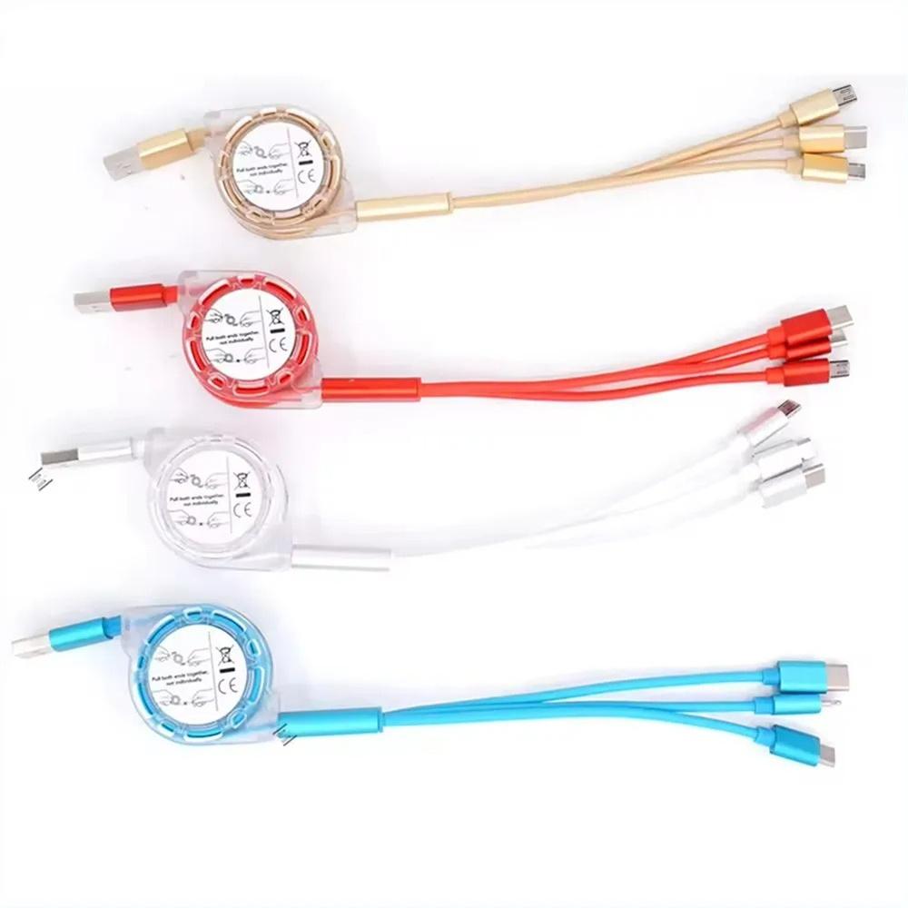 3 in 1 Telescopic USB Cable 3A Fast Charging for Type C Lightning Interfaces Durable PVC Material Portable for Travel Home