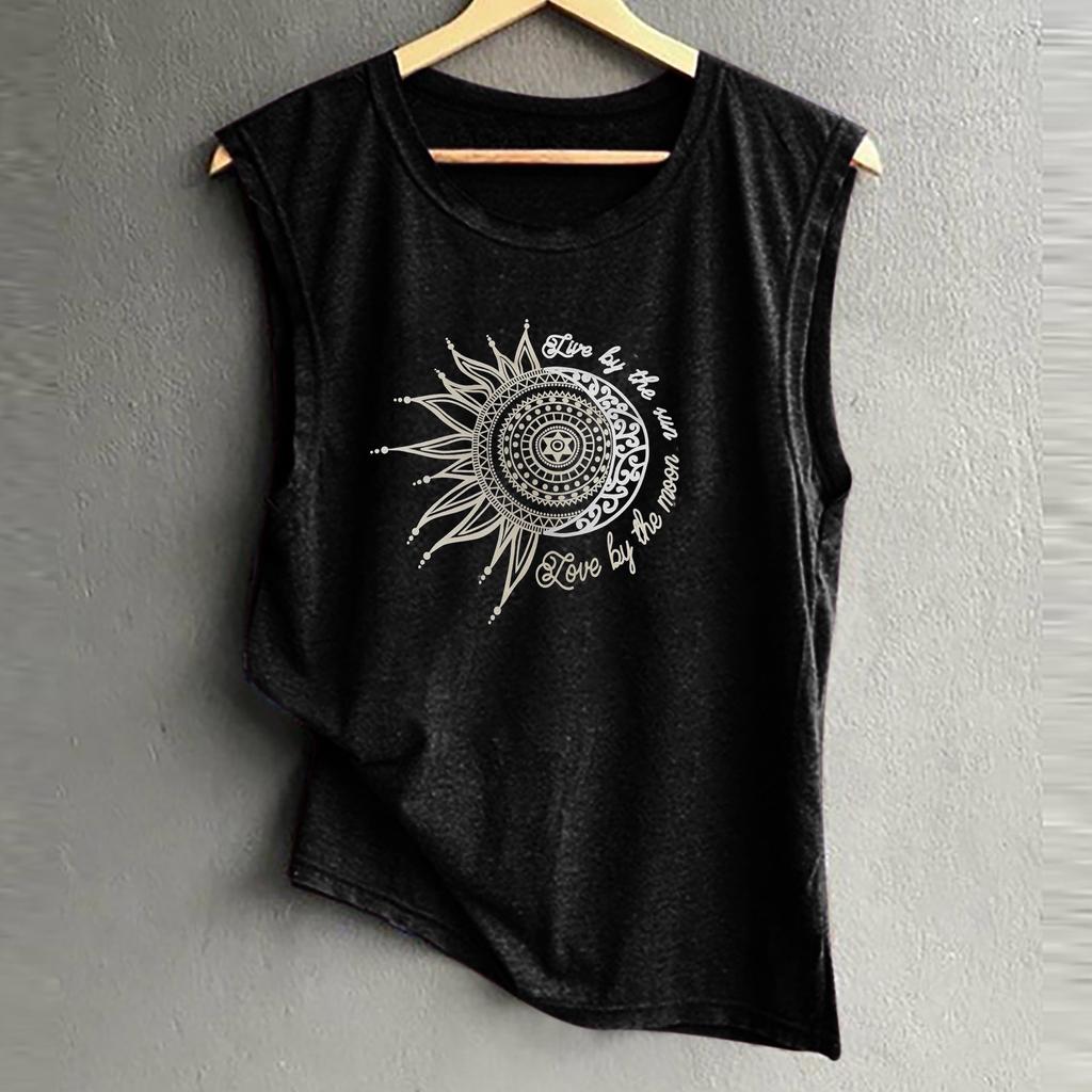 Women's New Sun And Moon Printing Sleeveless Casual Loose Vest Tops