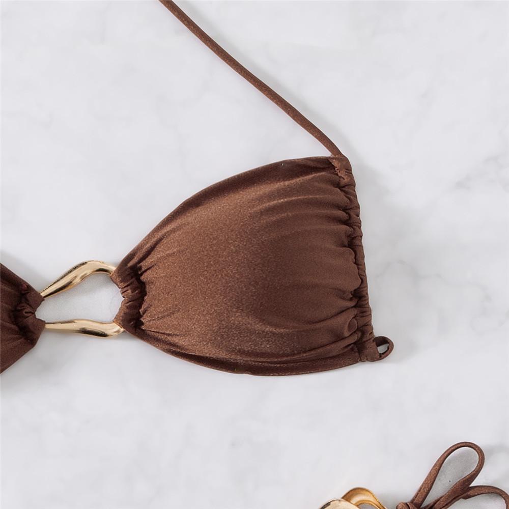 Brown Shiny Halter String Micro Bikini Thong Sexy Swimsuit Women Metal Ring Swimwear 2026 Mini Biquini Bathing Suit Bikinis Sets