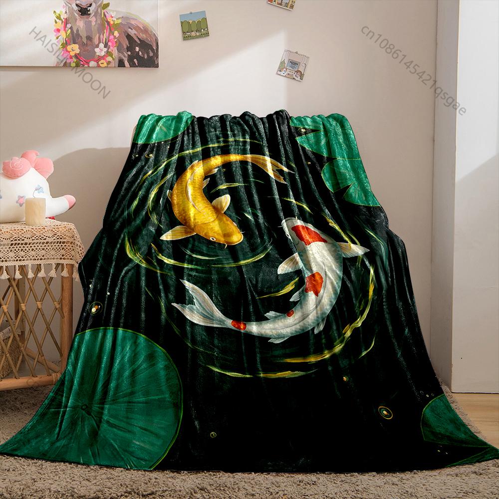 Multiple Sizes Two Koi Swimming Print Blanket Warm Soft Suitable for All Seasons for Home Sofa Travel Camping Picnics RV