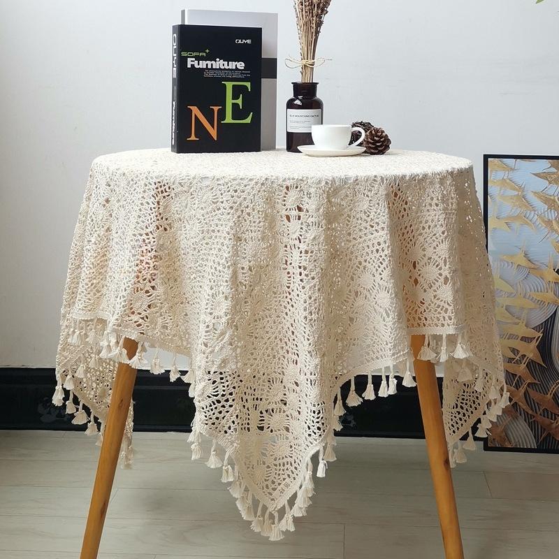 Phoenix Tail Pattern Hollowed Out Dining Table Decor Mat Artistic Style Tablecloth Crochet Tassel Tea Table Cabinet Tablecloth