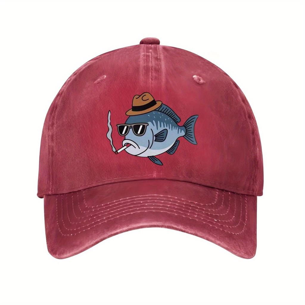 Cool Smoking Fish with Hat and Sunglasses Baseball Cap Funny Animal Print Casual Outdoor Sun Hat Unisex