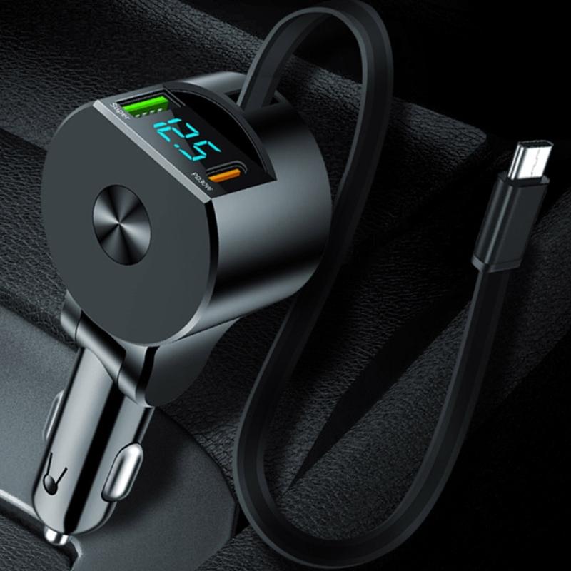 Portable Car Charger with Extendable Cord Support PD30W Quick Charging 12V-24V Wide Voltages Compatibility for Phones