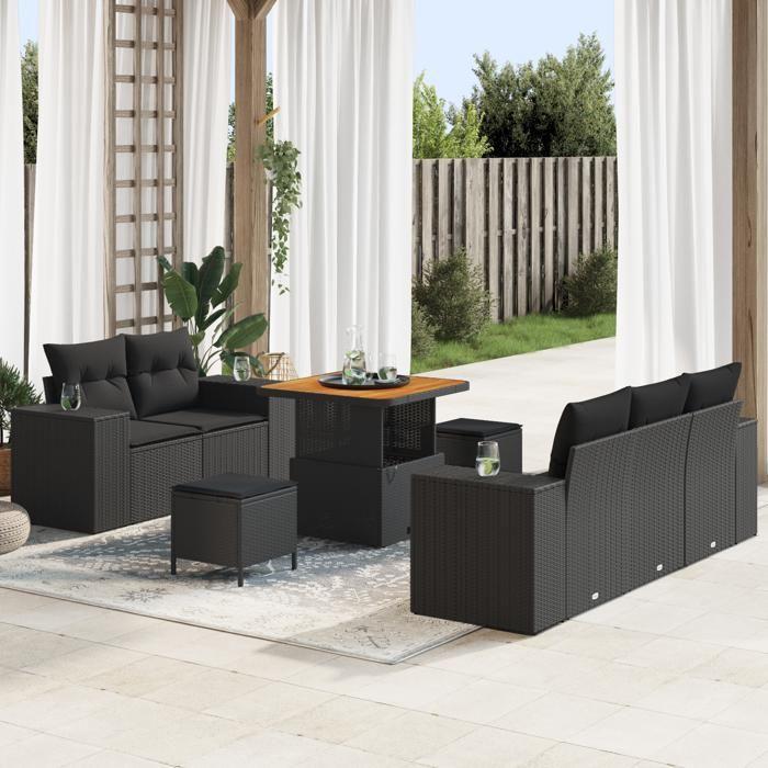 Ensemble de Canapé de Jardin 8 Pièces avec Coussins Noir Poly Rattan Acacia, Ensemble de Salle à Manger de Jardin 3 Pièces 3361944